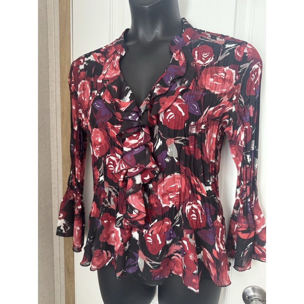 Bethany Women's Floral Sheer Ruffle Blouse Bell Sleeve Top Romantic Boho Large